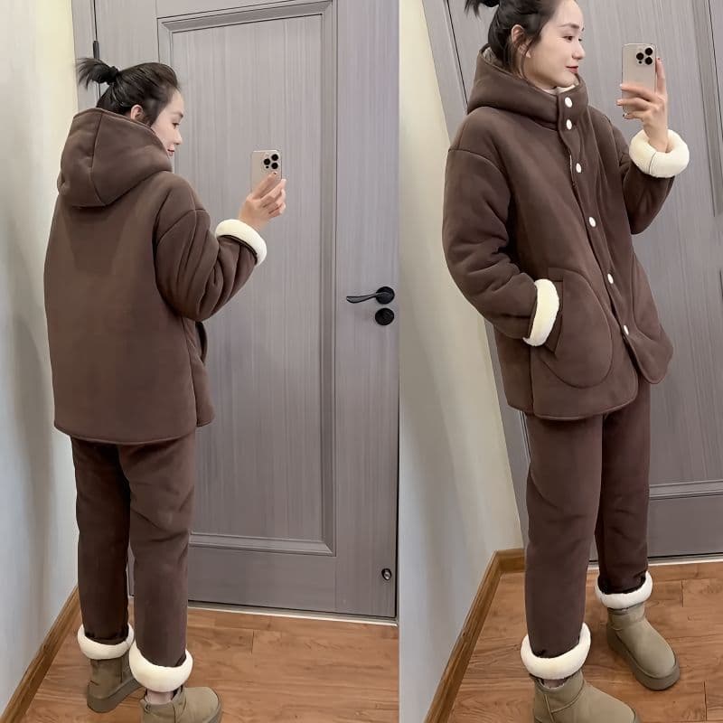 Novo estilo de três camadas de algodão com capuz terno pijamas Loungewear pode usar lã exterior Extra grosso moda Casual