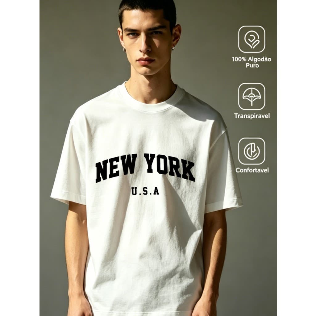 Camiseta masculina 100% algodão, com estampa de Nova York, confortável, respirável e versátil para o dia a dia