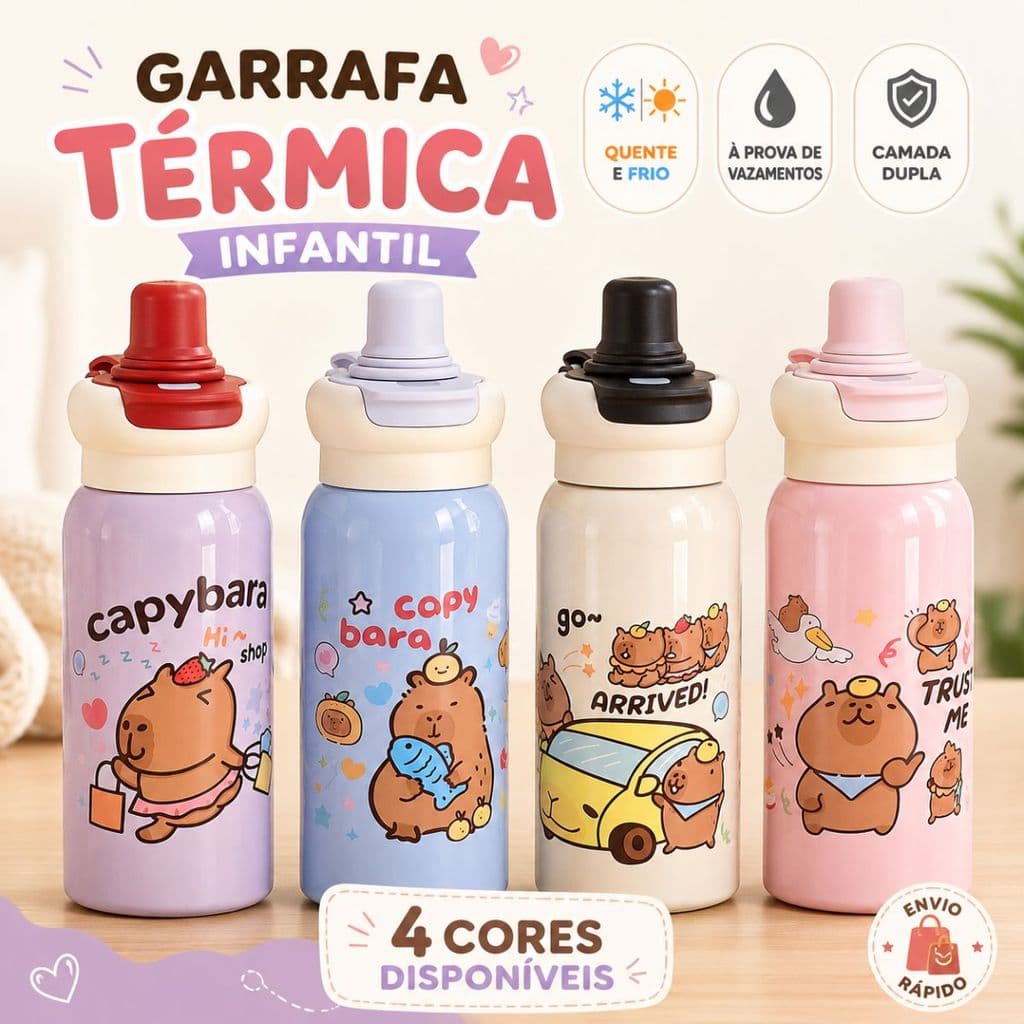 Garrafa Térmica Infantil Escolar Inox 316 Com Canudo E Alça 600ml Anti Vazamento Capivara