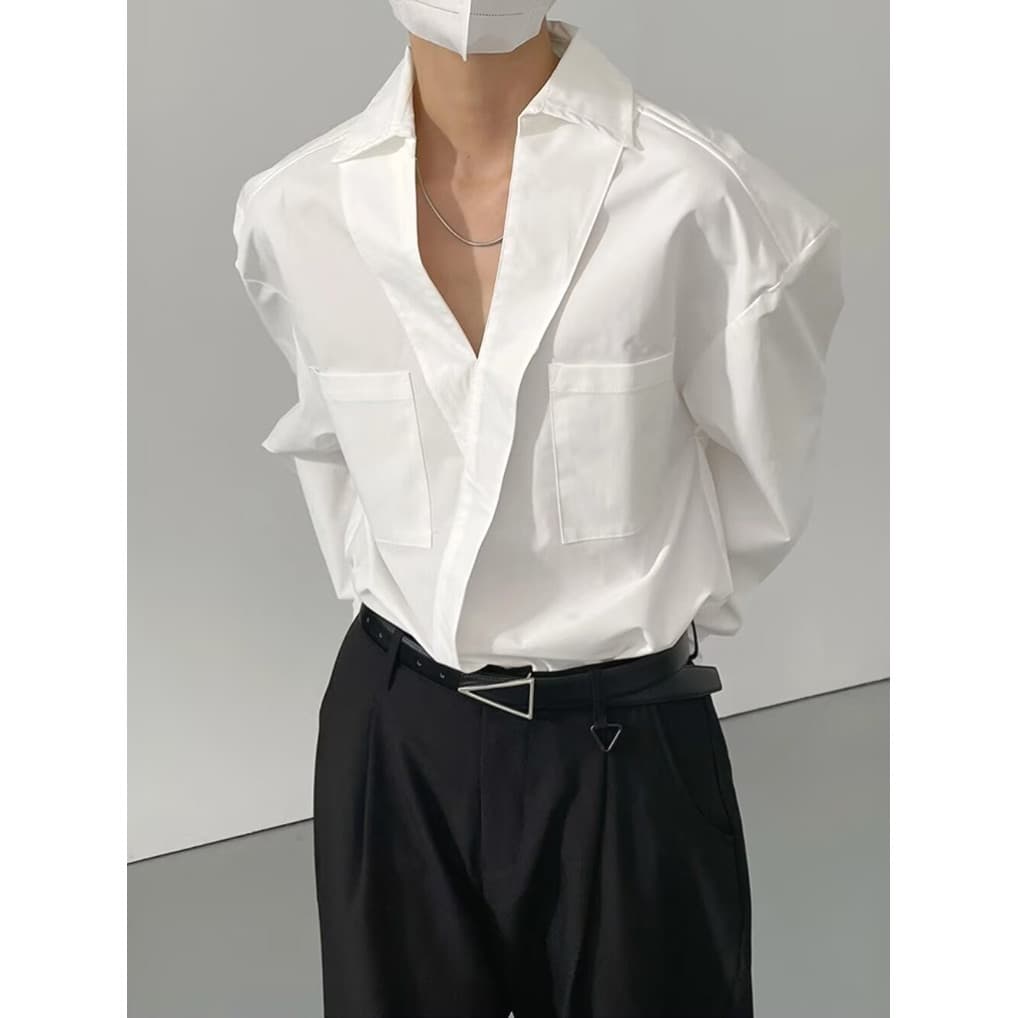 Francês profundo v gola Diagonal camisa masculina bolso duplo solto blusa de manga comprida boate cabeleireiro camisa te