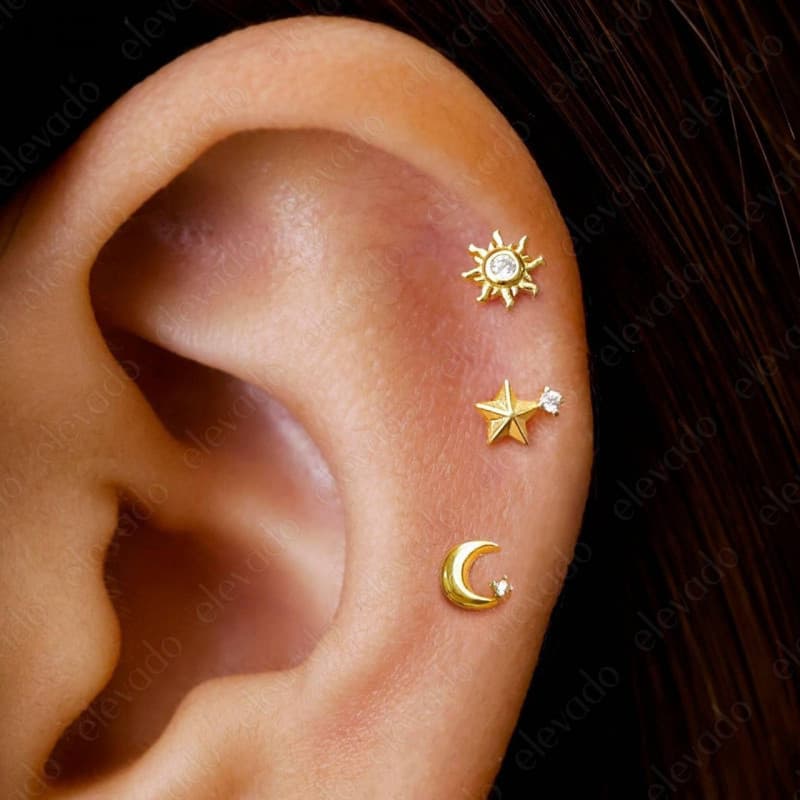 Conjunto de Brincos Estrela, Lua e Sol, Aço Inoxidável Banhado a Ouro 18K, Não Desbota