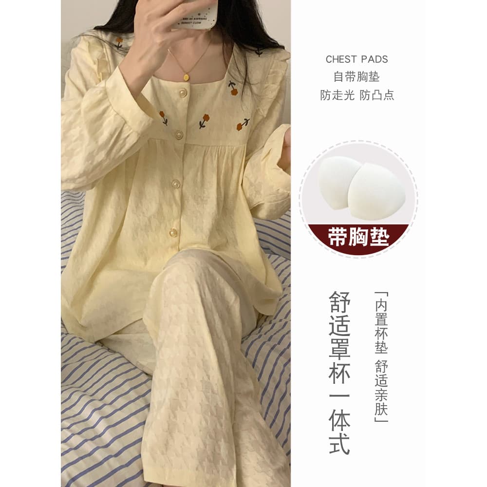 Pijamas de manga comprida feminino primavera outono estilo 2024 novo estilo Jacquard Houndstooth algodão puro com almofa
