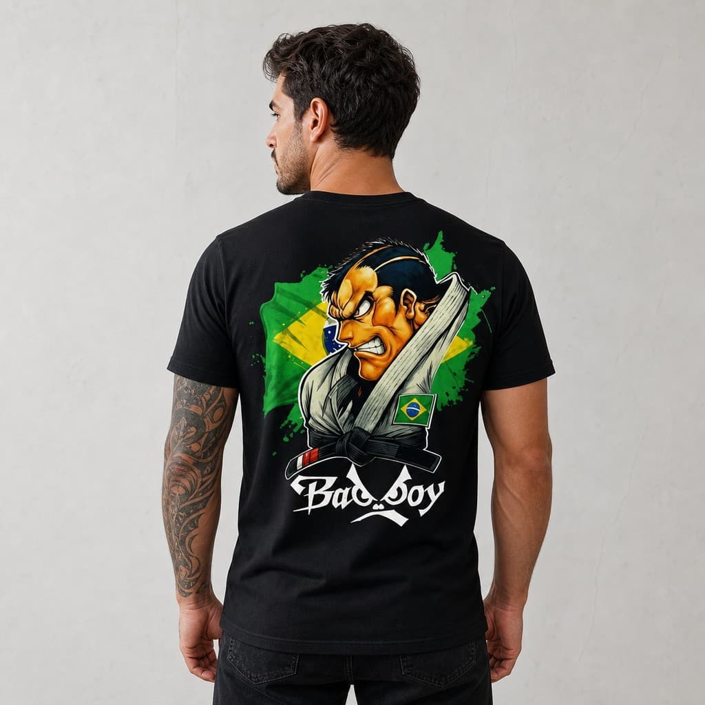 Camiseta Masculina Bad Boy BR Jiu Jitsu Preta Branca Algodão Manga Curta Academia Arte Marcial