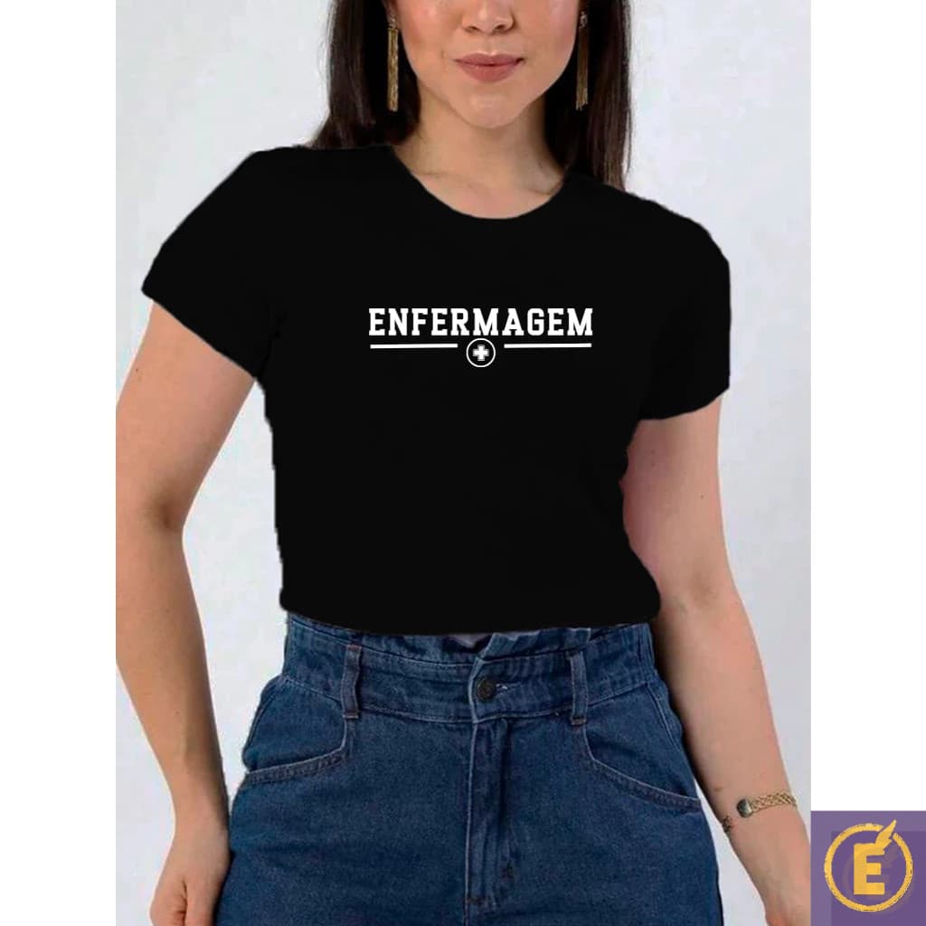 Blusa Feminina Enfermagem Baby Look Estampada Profissão Faculdade com Cruz 100% Algodão