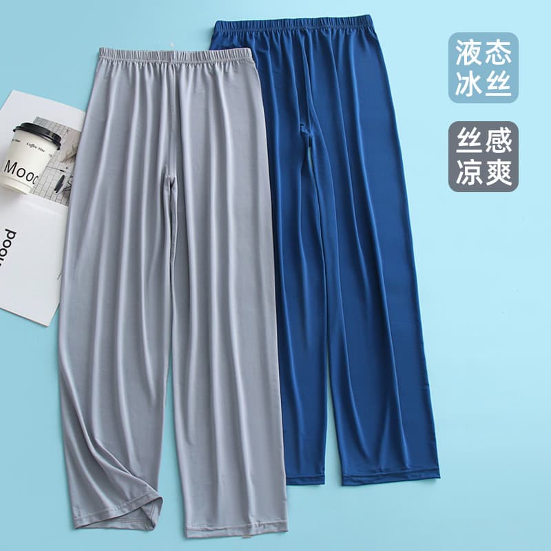 Calças de seda gelo masculinas verão legal respirável perna larga tornozelo comprimento calças finas calças de pijama se