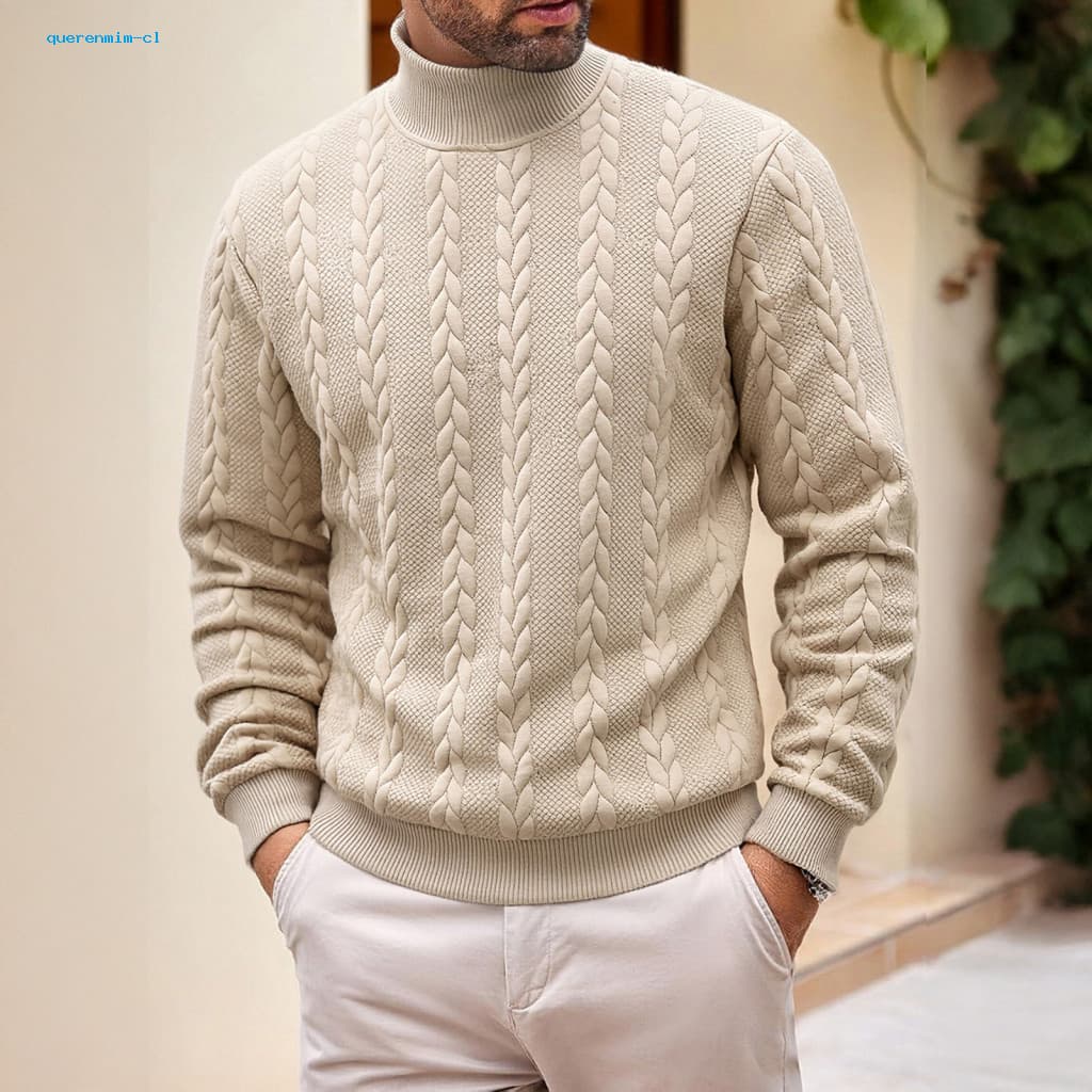 Long-sleeved Pullover Sweater for Men Versatile Base Layer for Men's Turtleneck Twisted Knit Casual Solid Color Top for