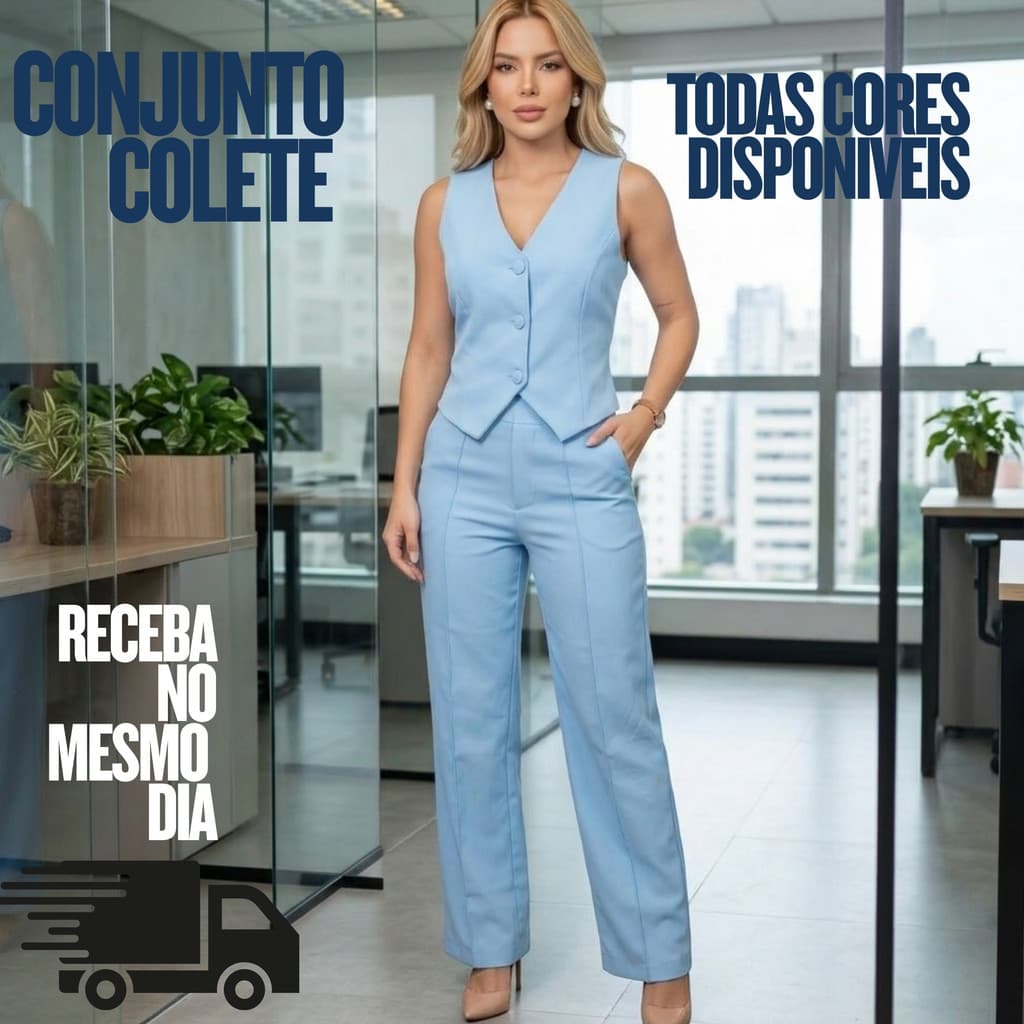 Conjunto Calça e Colete Social Azul Bebê Feminino Elegante - A alfaiataria que define seu estilo.