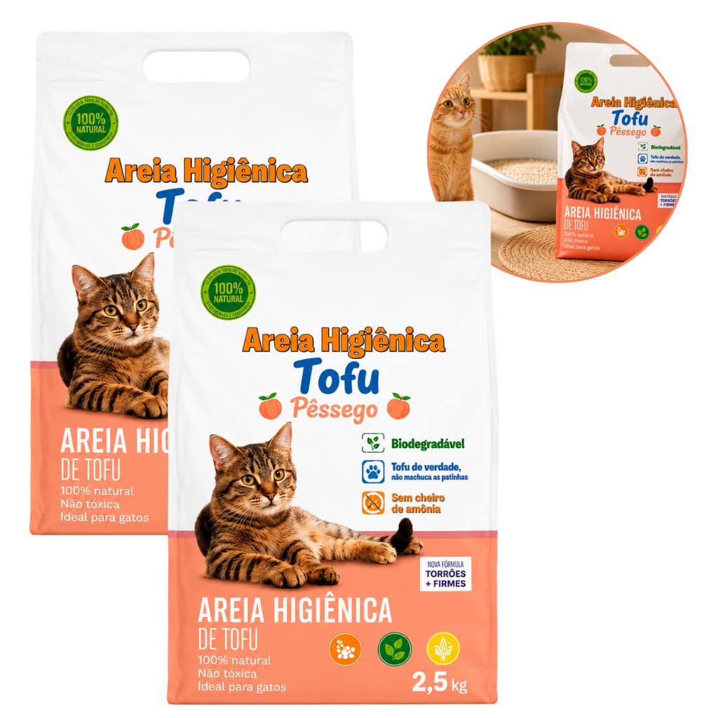 2 Areia Granulado De Tofu Aroma Pêssego Para Gatos Biodegradável Descarte No Vaso Pct 2,5kg