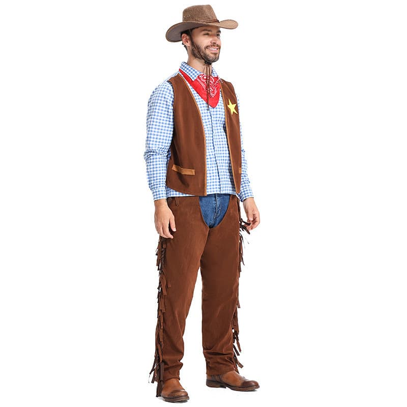 Traje de Halloween Pioneer Western Cowboy Terno Adulto Masculino Jogo Terno Estilo