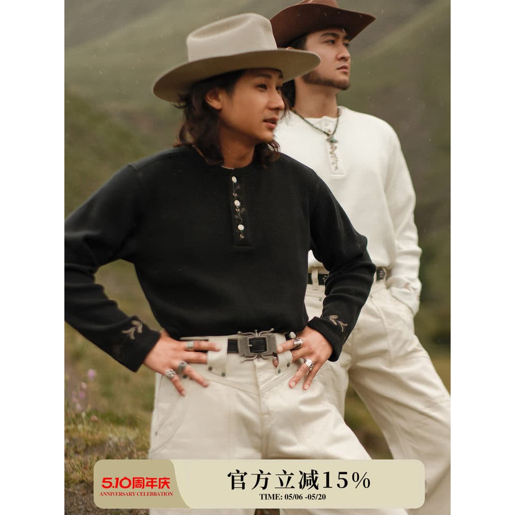 Western Series 240G Waffle Algodão Lavado Bordado Henry Collar Floral Camiseta de manga comprida MBBCAR Estreito