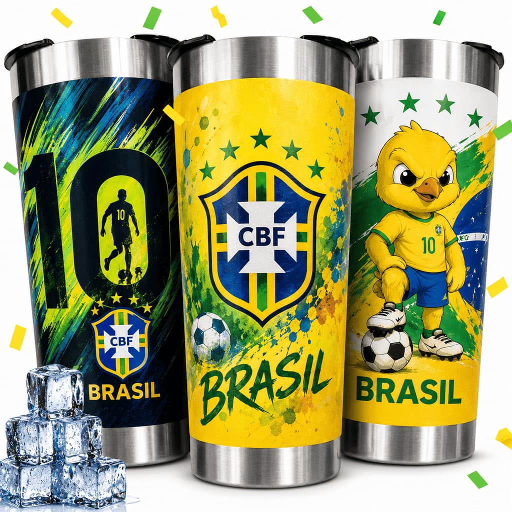 Copo Térmico Personalizado Copa Brasil 473ml Com Tampa E Abridor Inox Colorido Premium Edição Limitada