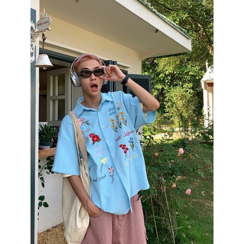 Americano Retro Waffle colorido Floral bordado camisa de manga curta das mulheres dos homens verão solto estilo preguiço