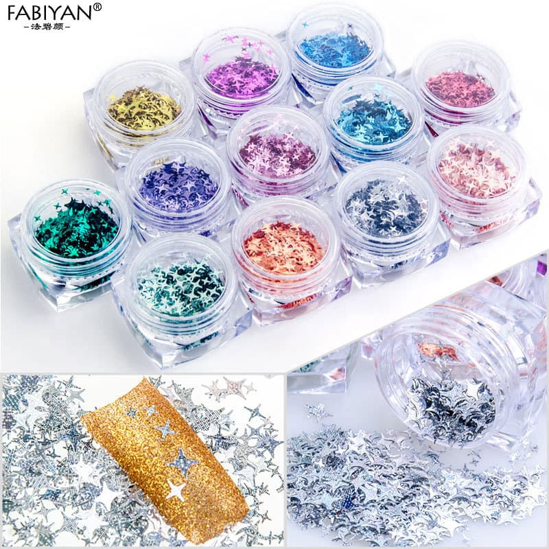 Faberyan Manicure maquiagem 12 cores estrela de quatro pontas remendo de lantejoulas 12 cores tamanhos diferentes decora
