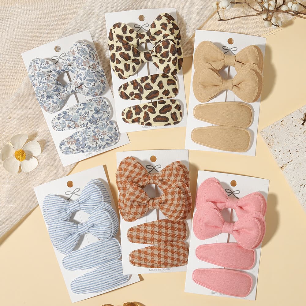 Conjunto De Acessórios De Cabelo Infantil Com Laço De Tecido Estilo Coreano De 4 Unidades , Clipes Laterais Xadrez E Flo
