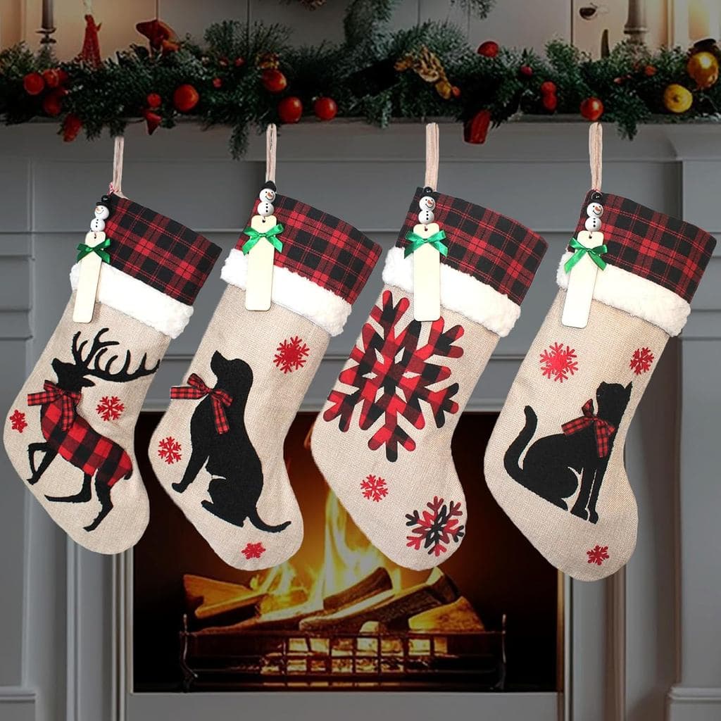Conjunto de 4 Meias de Natal Personalizadas com Etiquetas de Nome 18" Meia Grande Clássica com Personagens de Natal Fofo