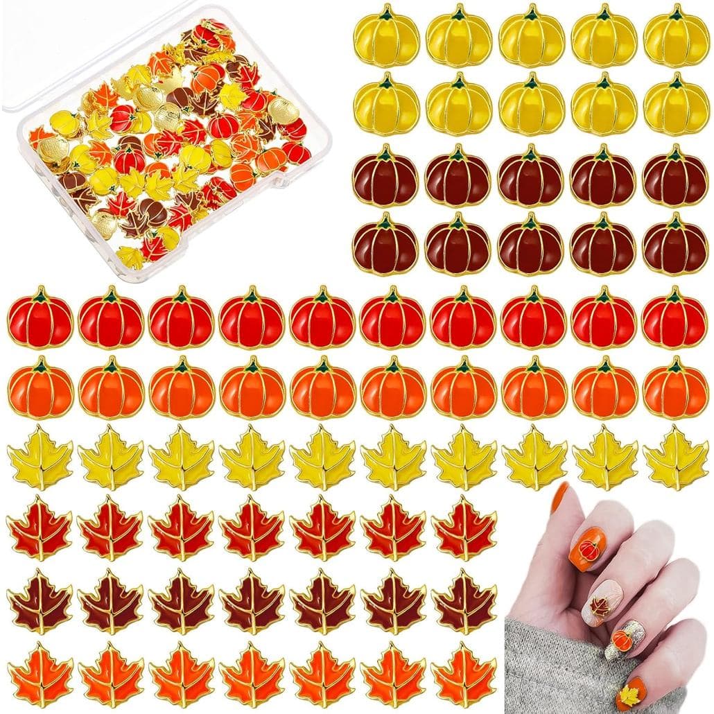 Conjunto de 80 Peças de Enfeites para Unhas de Outono, 40 Enfeites de Abóbora de Ação de Graças, 40 Folhas de Bordo, Dec