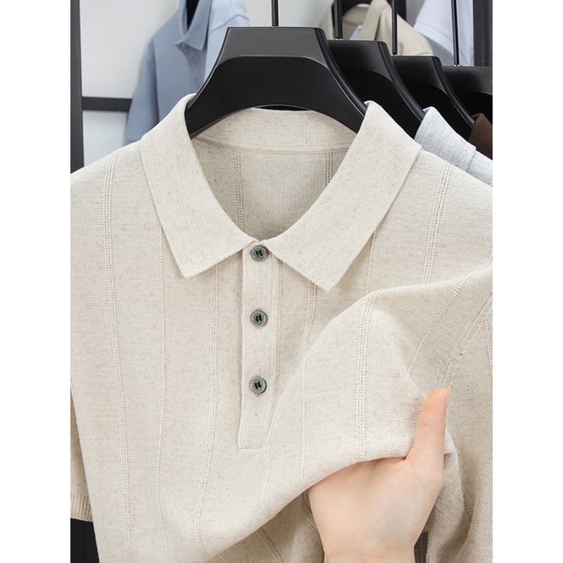 Camiseta masculina primavera verão linho cor sólida manga curta malha Jacquard lapela botão luz luxo estilo minimalista