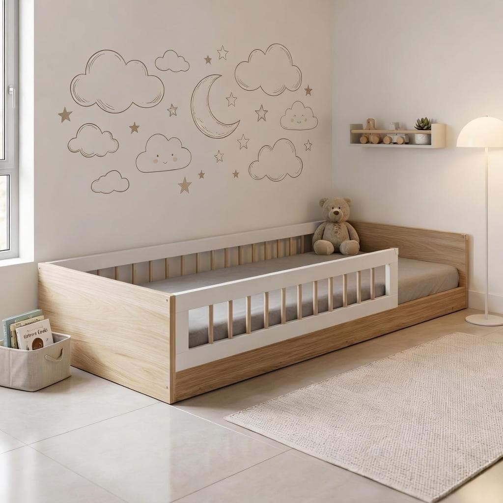 Cama Montessori Infantil Solteiro com Grades em Pinus