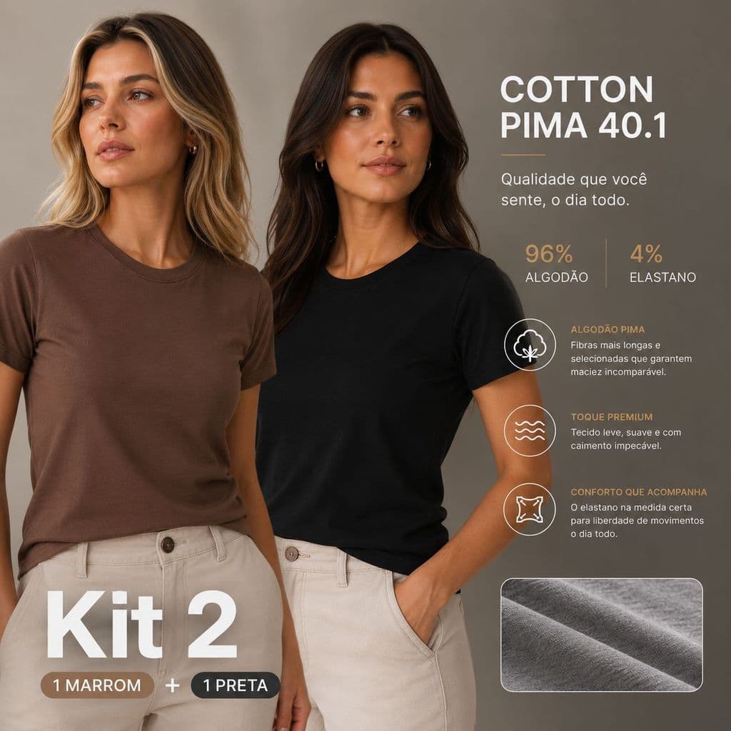 Kit 2 T-shirt Lisa Lançamento Peruana 40.1 Cotton Pima Plus P ao G3 Feminina BabyLook Tee Camisa Unissex Blusinha