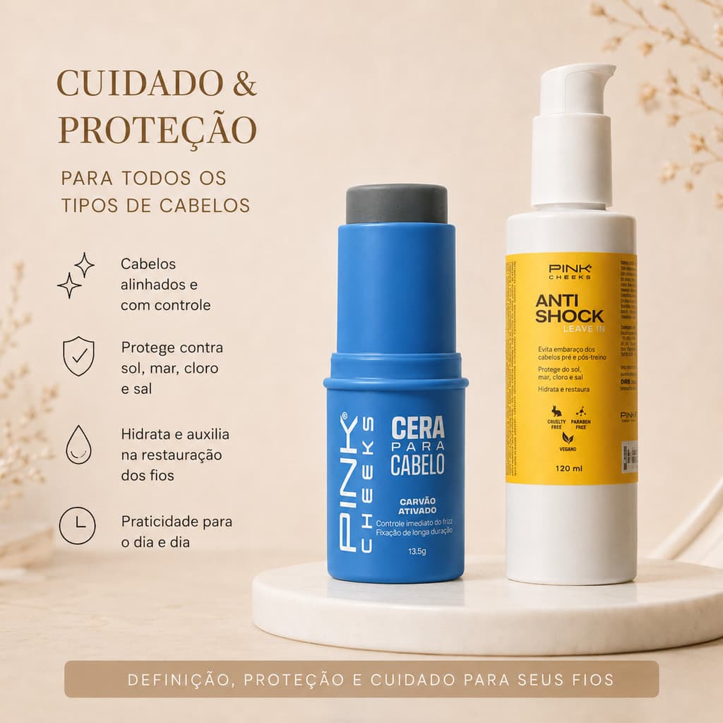 Kit Antifrizz - Leave-In 120ml Anti Shock + Cera para cabelos - Pink Cheeks