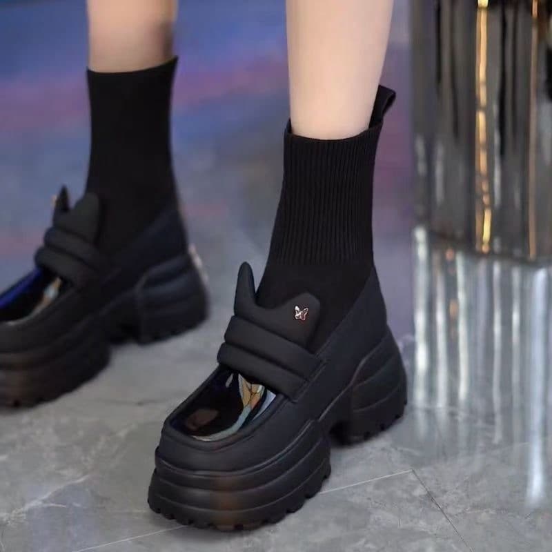Muffin meias de sola grossa botas femininas dedo do pé quadrado botas curtas de salto grosso 2025 outono inverno novo es