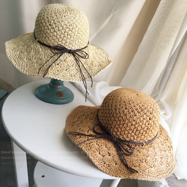 Coreano coreano mão-tecido feminino chapéu de palha grande borda dobrável chapéu de praia beira-mar arco chapéu de sol n