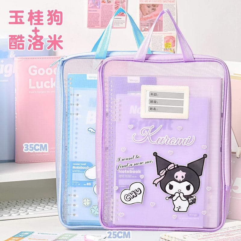 Sanrio Saco de classificação de assuntos em forma de L Saco de arquivo Gaze com zíper Grande abertura Bolsa de livro por