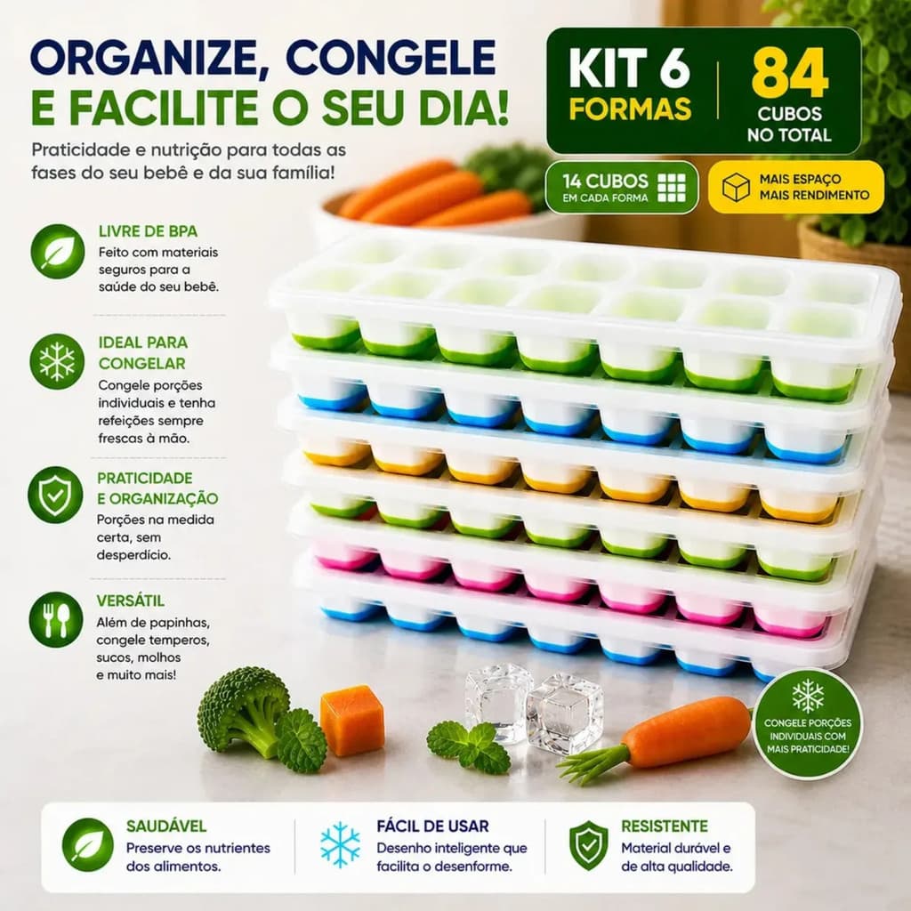 Kit 6 Formas De Gelo Silicone Tampa 14 Cubos Bebê Comida