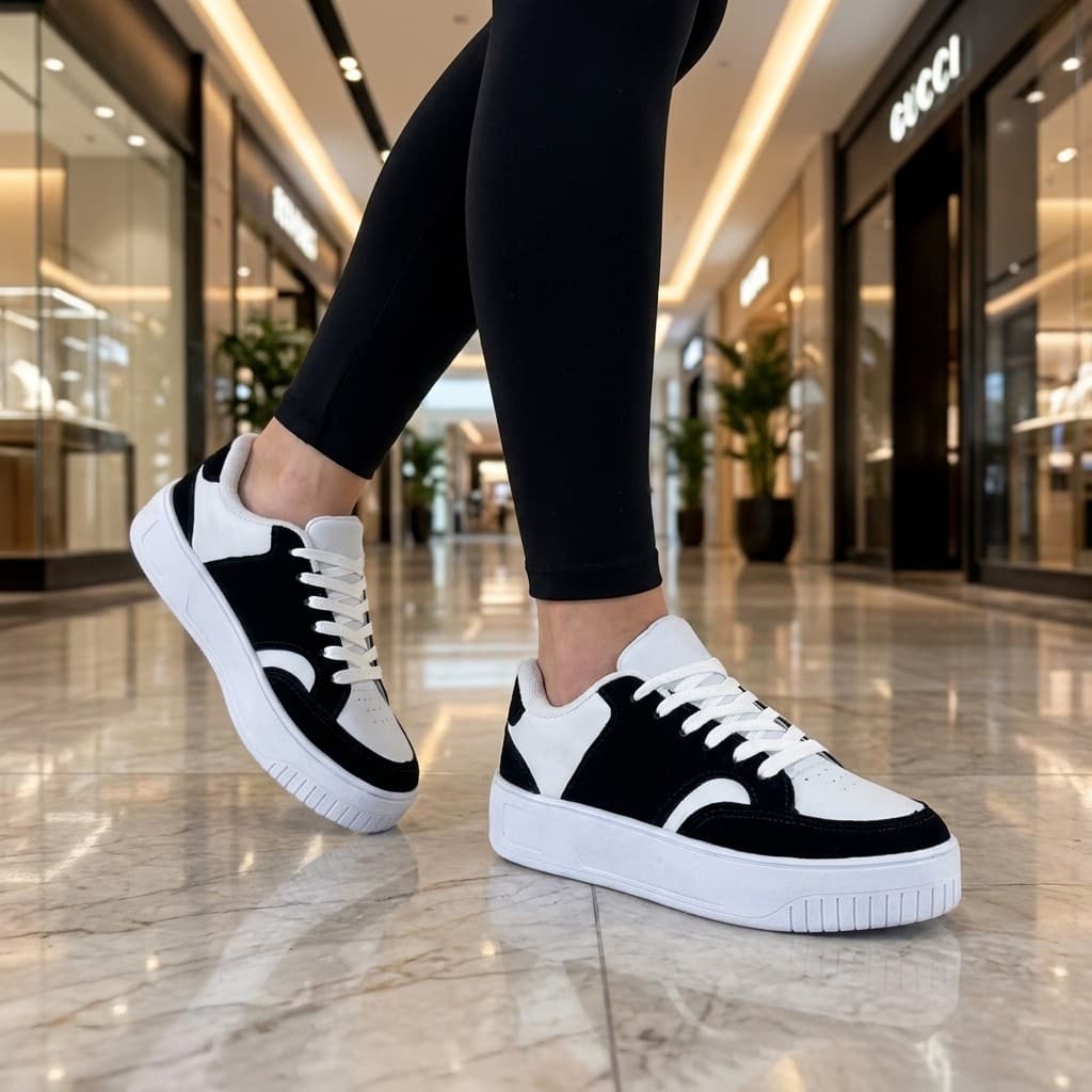 Tênis Feminino Plataforma Blogueira Casual Moderno Branco e Preto Premium