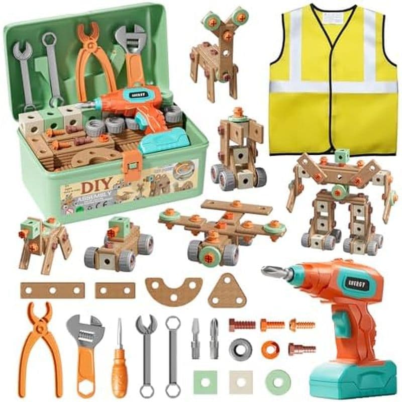 Conjunto De Ferramentas Infantis CUTE STONE Com Furadeira Eletrônica , Kit De 168 Unidades Colete De Construção E Caixa
