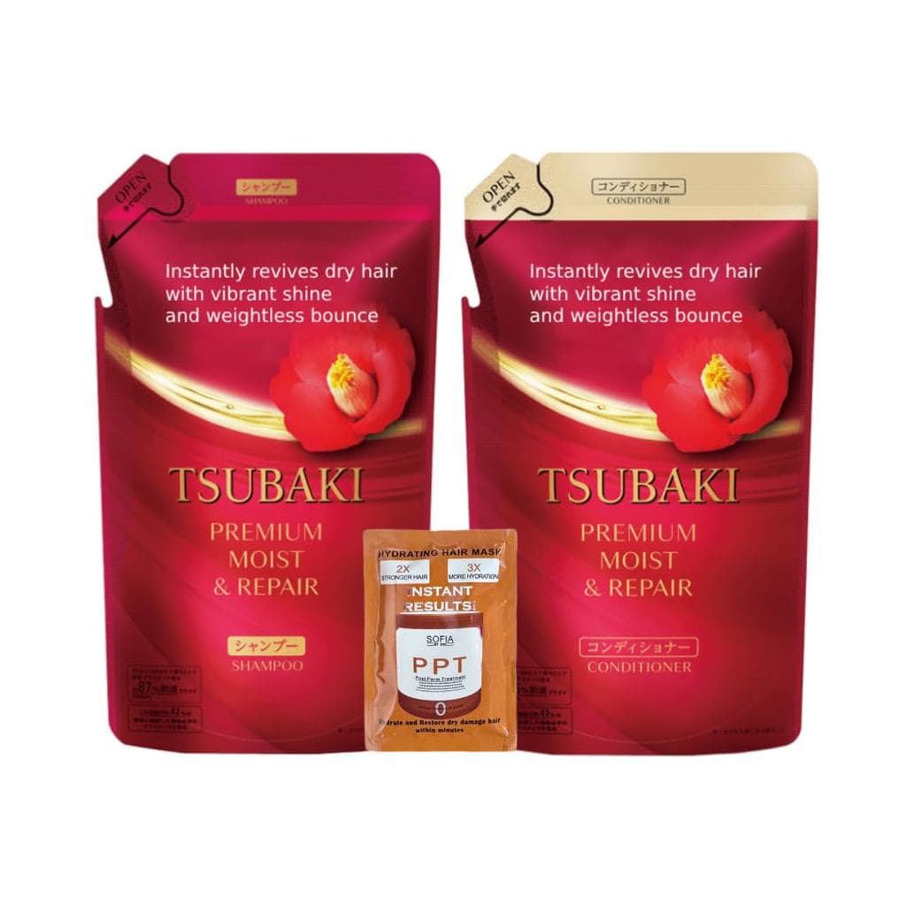 Conjunto de Máscara Capilar com Shampoo e Condicionador Refil Moist Repair Tsubaki - Óleo de Camélia - Hidrata e Protege