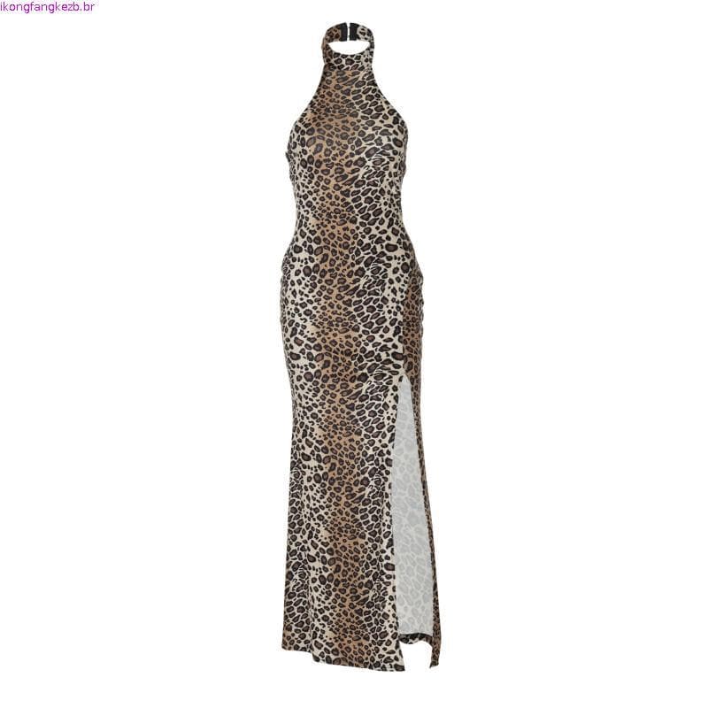 Vestido longo Dulzura sem ombros, sem mangas, costas abertas, ajustado, com fenda lateral, botões, estampa de leopardo,