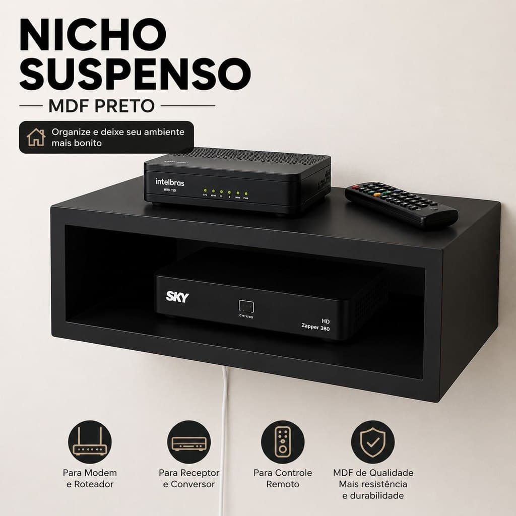 Suporte Nicho de Parede MDF COR PRETO para Modem, Receptor TV, Conversor e Controle