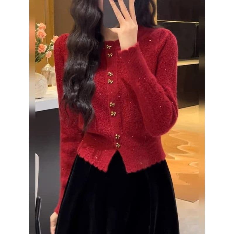 Camisa de dia de ano novo suéter vermelho cardigã de malha feminino outono inverno roupas 2026 novo estilo estilo estilo