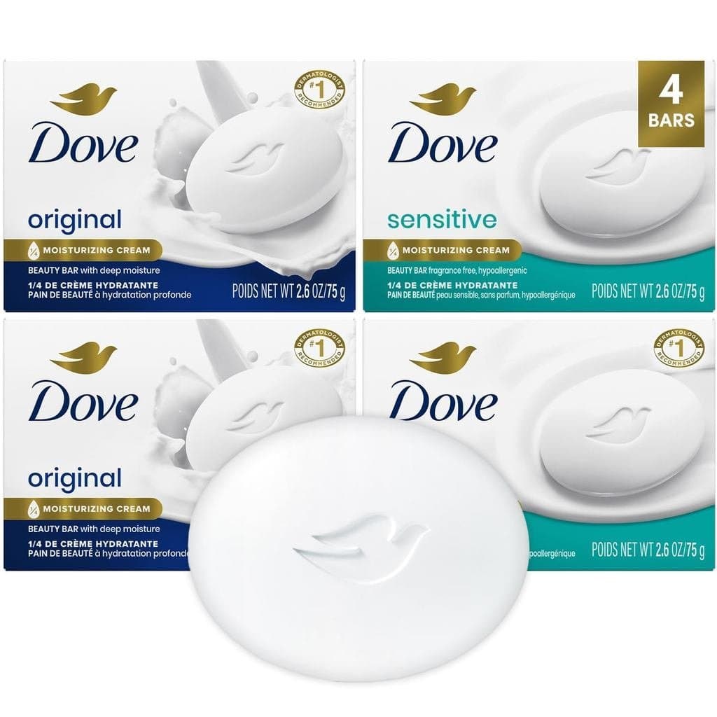 Sabonete em Barra Dove Beauty, Pacote com 4 Variedades – Sensível, Sem Fragrância + Original, com Hidratante, 2,6 Oz cad