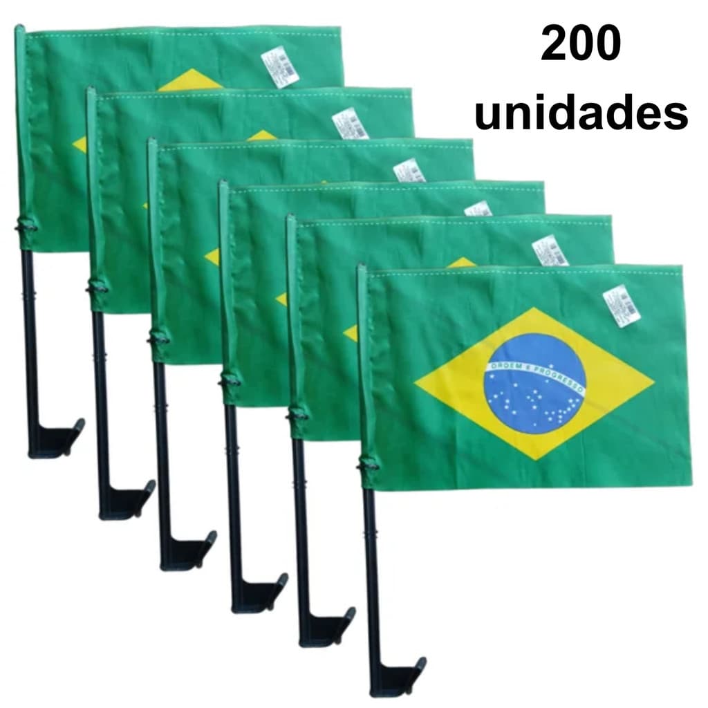 Kit 200 Bandeiras do Brasil para Janela De Carro Com Haste 40 x 30cm Poliéster
