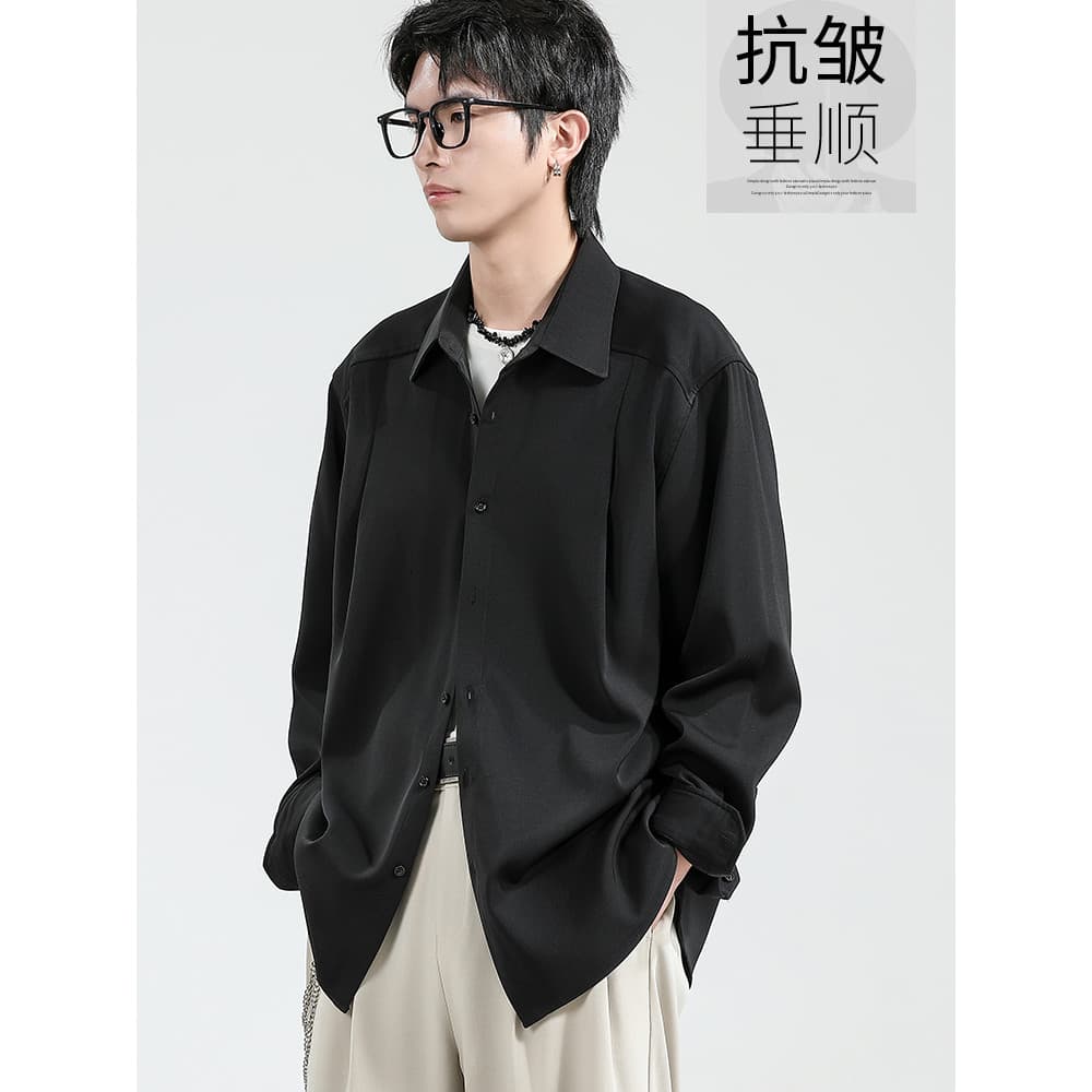 Camisa preta masculina 2025 outono Casual jaqueta de manga comprida Anti-rugas High-End solto tamanho grande Drape camis