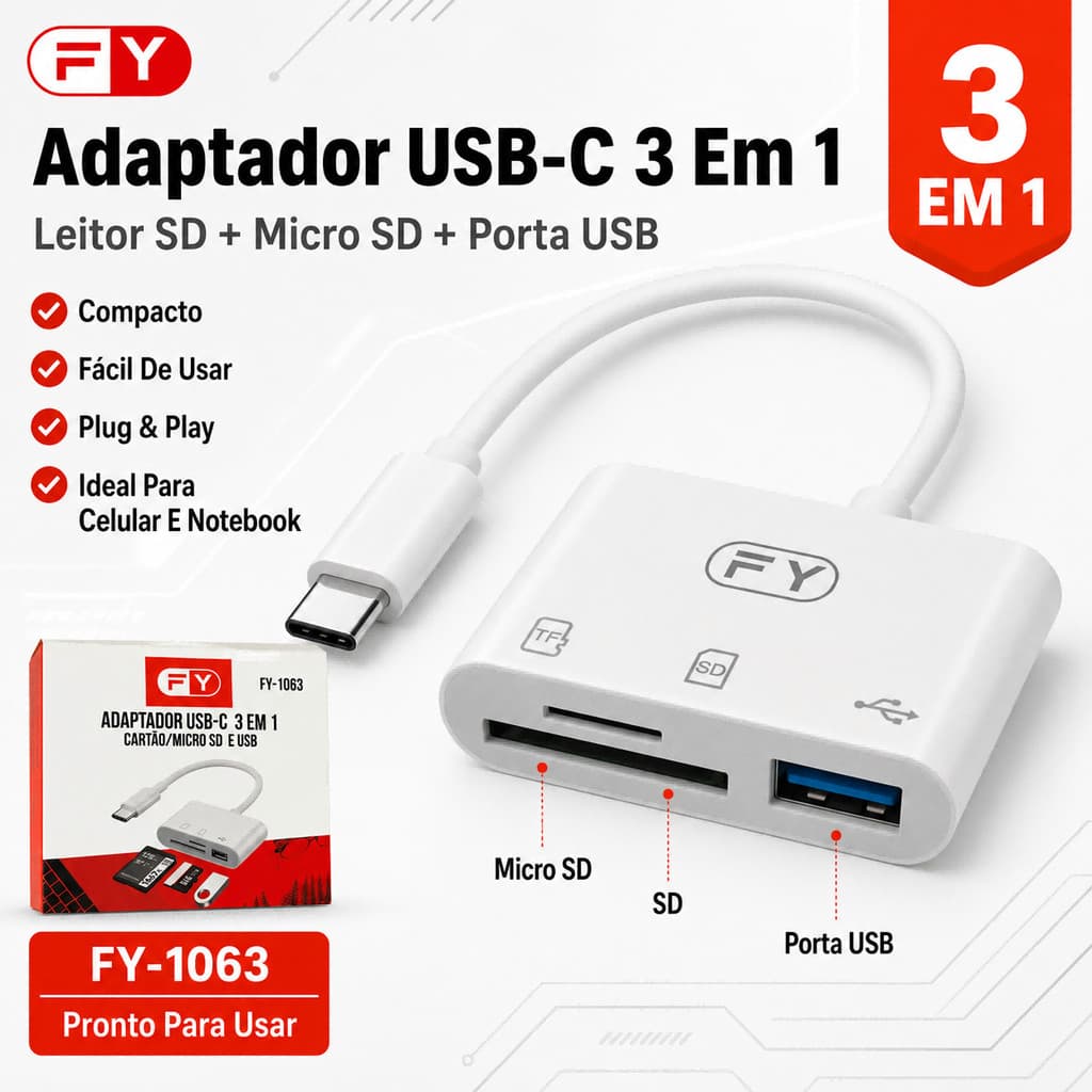 Adaptador USB-C OTG 3 Em 1 Para Celular Notebook Cartão SD Micro SD