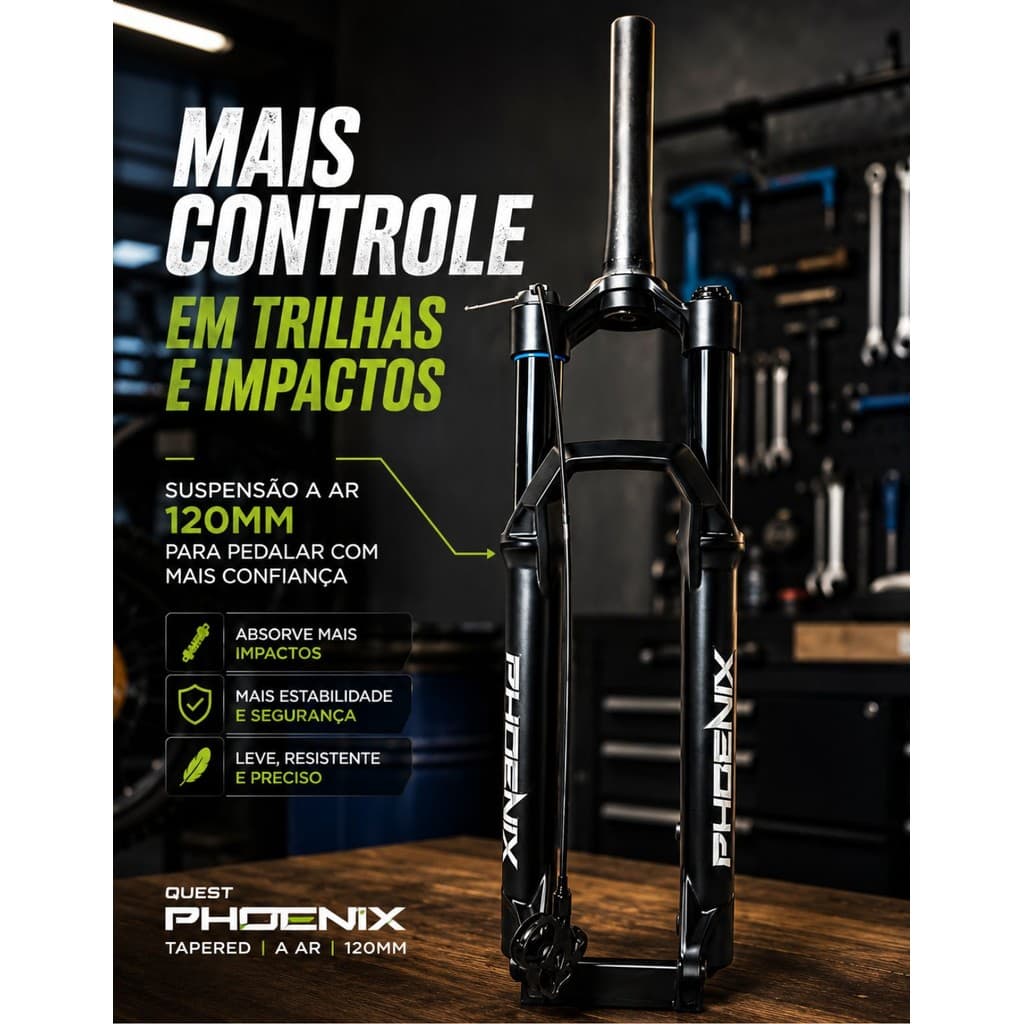 Suspensão Aro 29 Quest Phoenix Ar Tapered Curso 120mm Eixo 9mm Bike Mtb