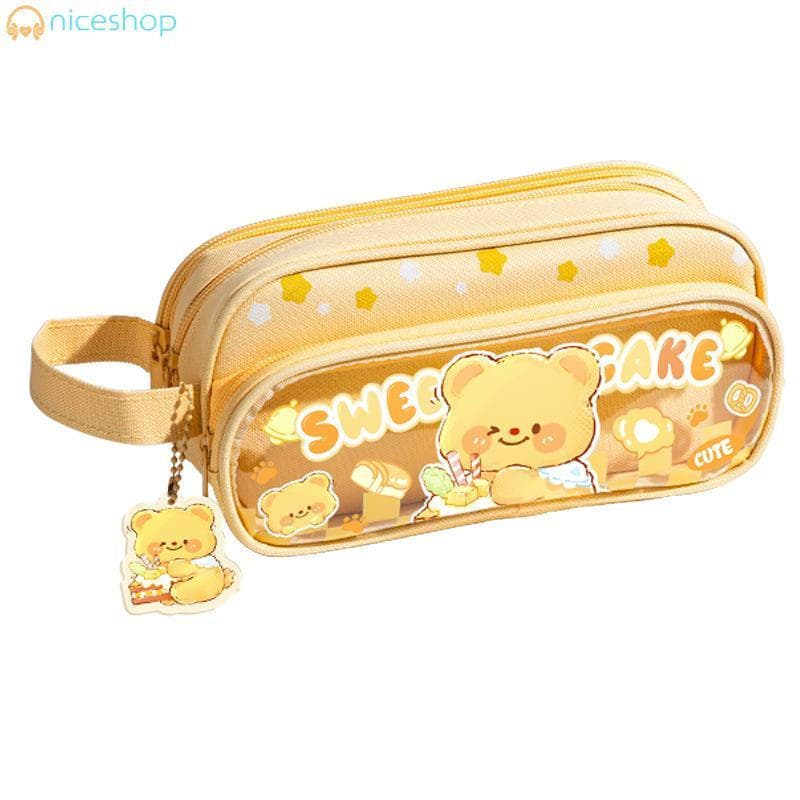 Estojo De Lápis De 3 Camadas De Grande Capacidade-Bolsa De Caneta Amarela Com Design De Animal Fofo Para Escola