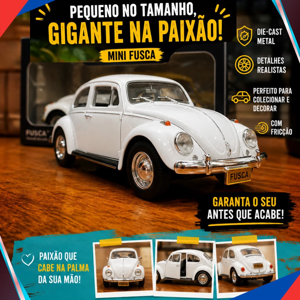 Miniatura Fusca abre Capô em Metal Varias Cores Detalhado com Fricção mais realistas Volkswagen 1:32