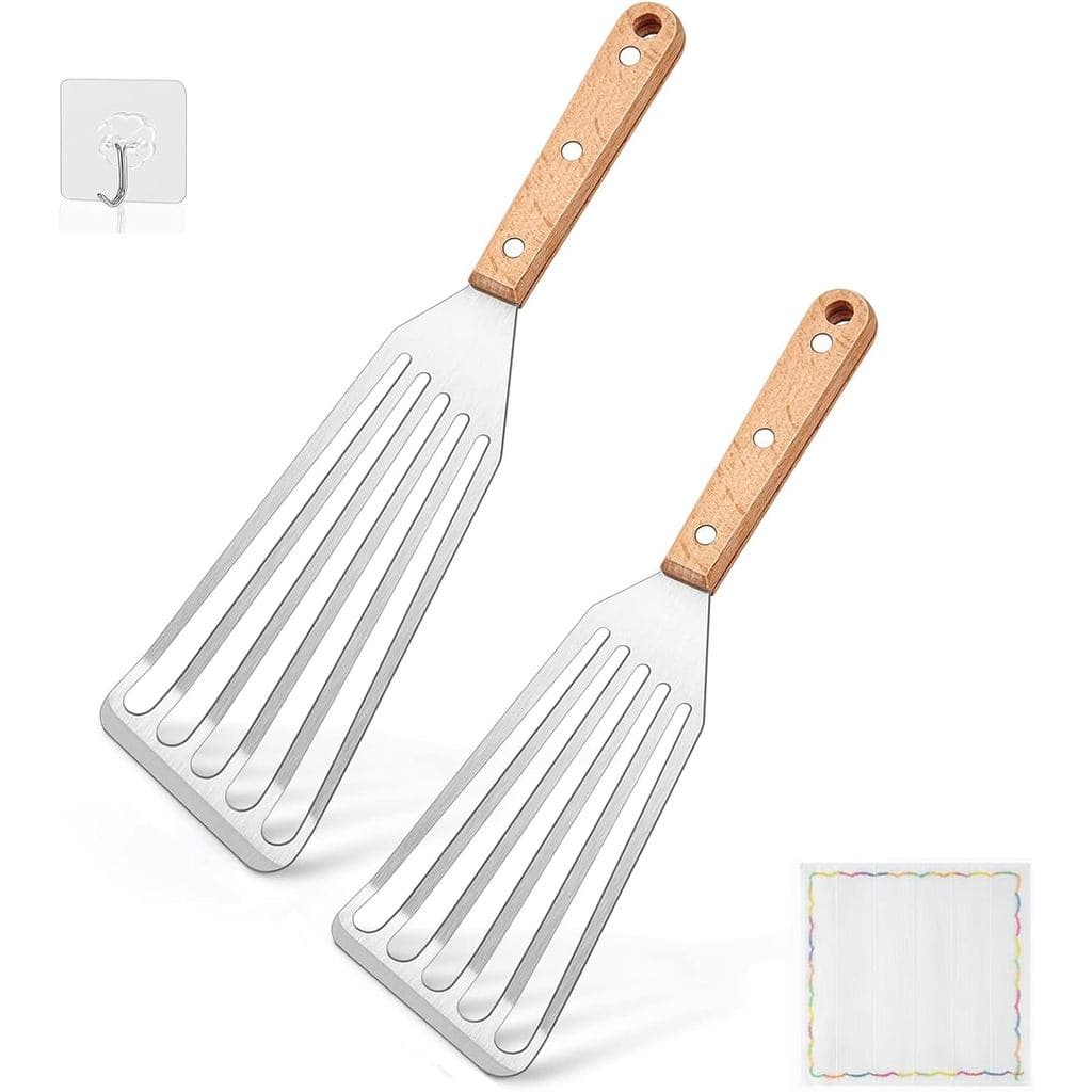 Conjunto de 2 Espátulas de Aço Inoxidável com Cabo de Madeira, Espátula Flexível para Peixes, Perfeita para Virar Ovos,