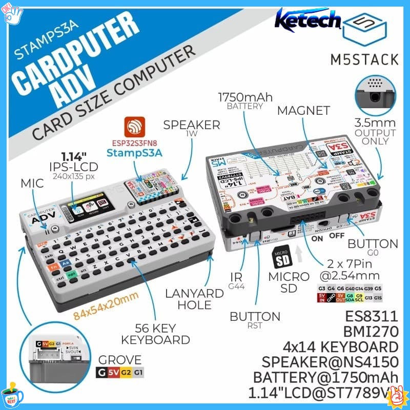 M5stack Cardputer Adv ESP32 Kit De Desenvolvimento Portátil Tela De 1.14 Polegadas 56 Teclas Teclado M5StampS3A