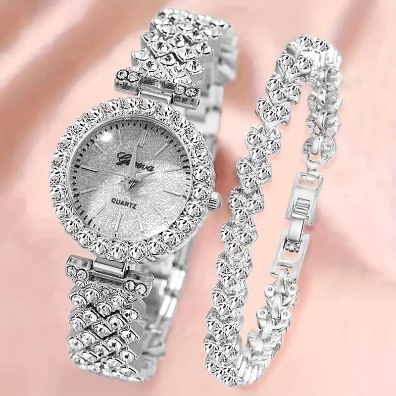 Relógio feminino com incrustação de diamantes, relógio de quartzo feminino, digital, conjunto de colar e relógio