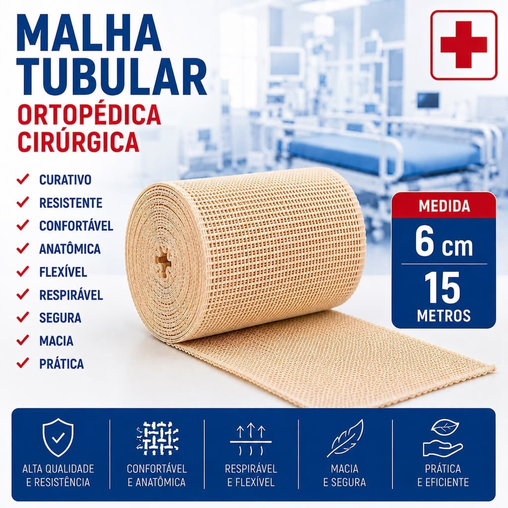Malha Tubular Ortopédica 100% Algodão Cirúrgica Curativo 6cm X 15 Metros
