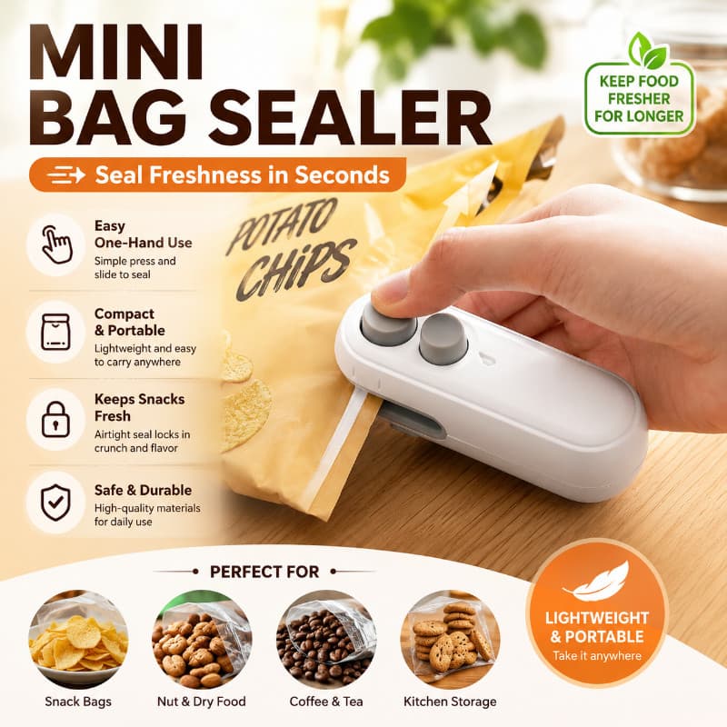 Seladora de Sacos Mini Recarregável por USB - Máquina de Selagem a Quente Portátil para Lanches, Café e Armazenamento de