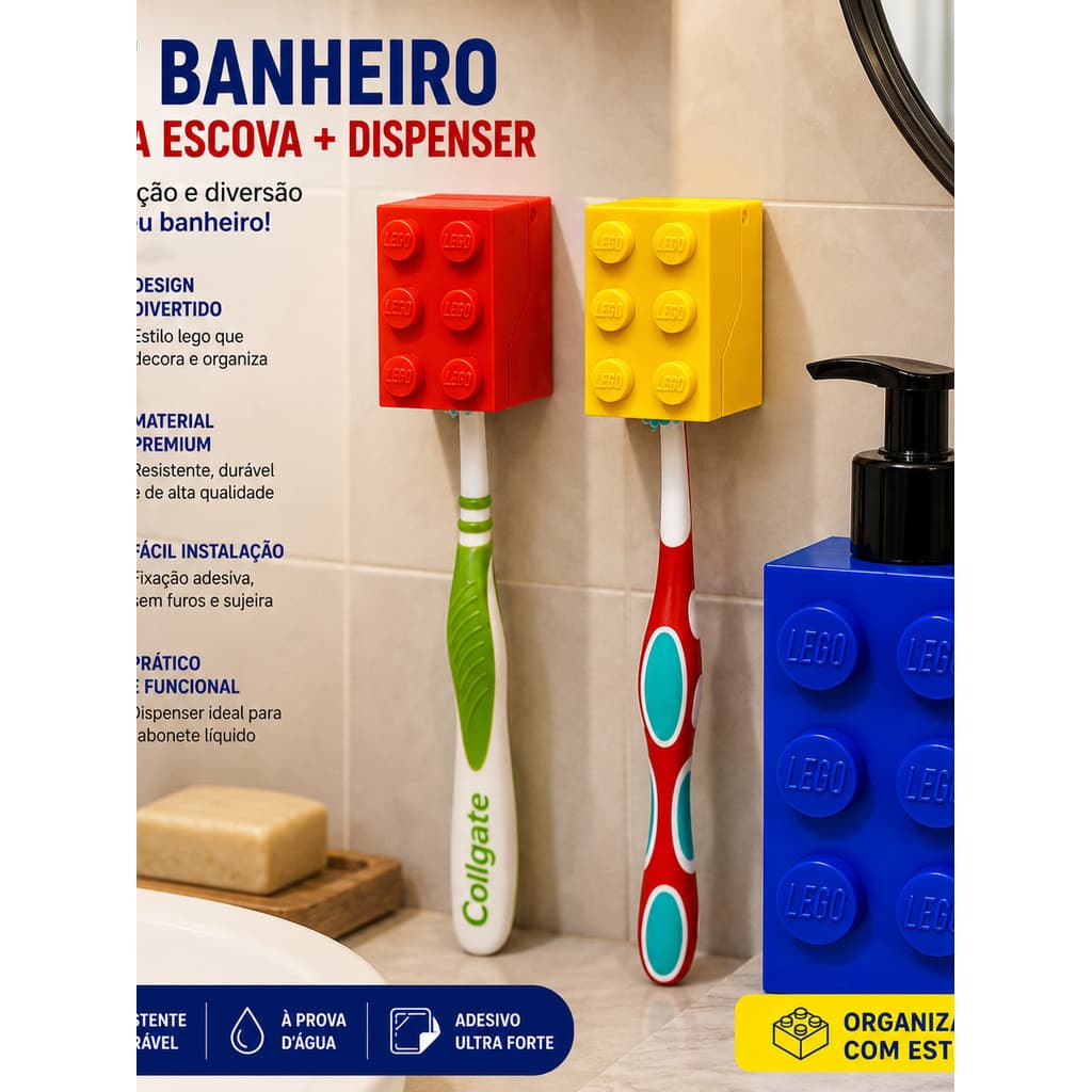 Kit Banheiro Estilo Lego Porta Escova Infantil De Parede Dispenser Sabonete Líquido Organizador Creme Dental