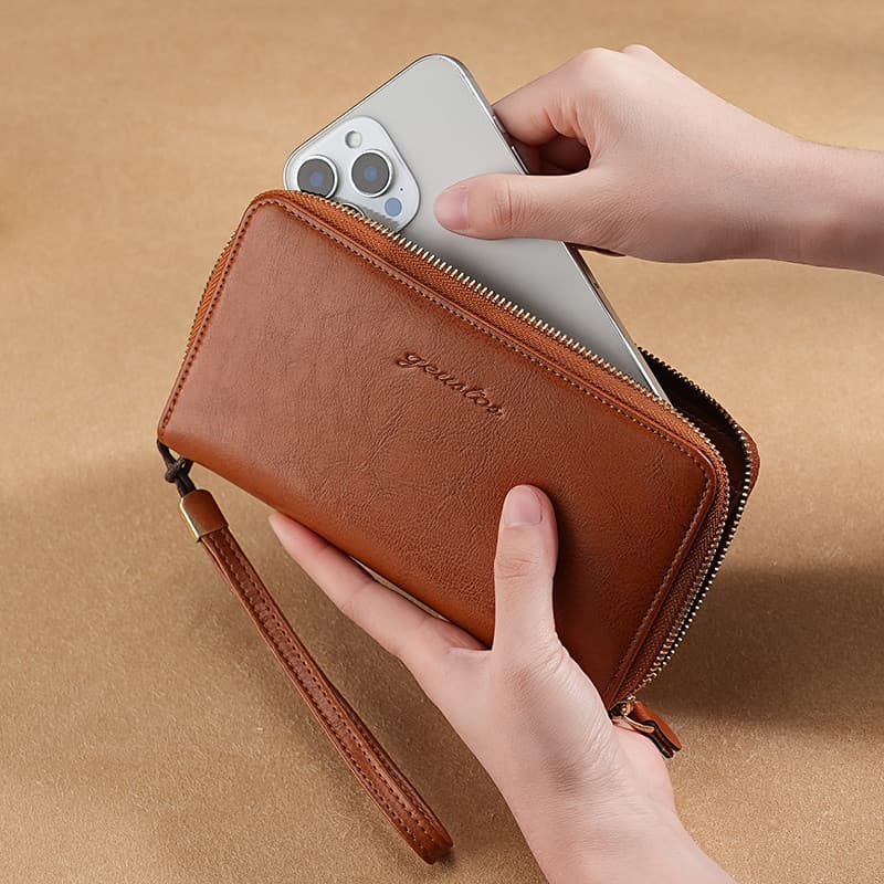 2025 novo estilo carteira feminina moda bolsa de couro macio genuíno longo Multi-função saco do telefone móvel feminino