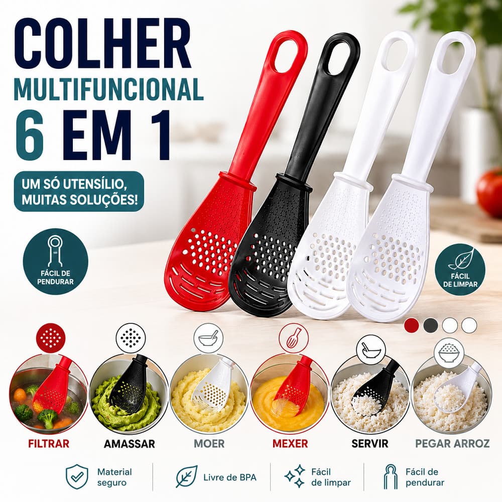 Escumadeira Ralador Amassador Colher 6 em 1 prática para uso na cozinha casa e escritório todos os dias com conforto