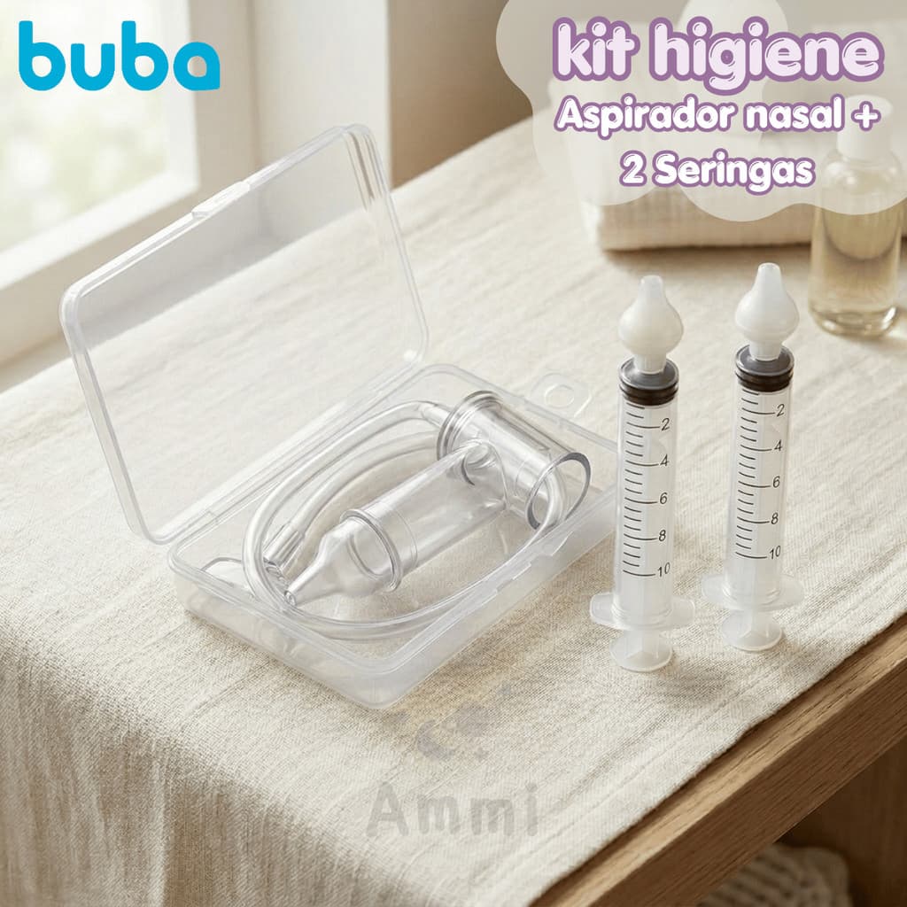 Kit Aspirador Nasal Bebê com Estojo + 2 Seringas Nasais Bico Silicone Higiene Nasal Recém-Nascido
